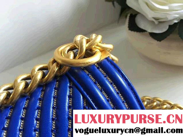 Chanel Interlaced Chain Chevron Boy Flap Shoulder Small Bag Blue 2017