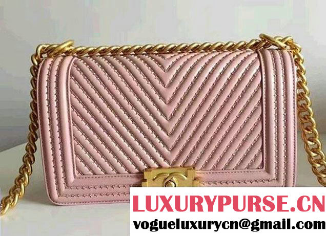 Chanel Interlaced Chain Chevron Boy Flap Shoulder Medium Bag Pink 2017