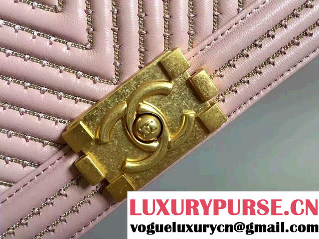 Chanel Interlaced Chain Chevron Boy Flap Shoulder Medium Bag Pink 2017