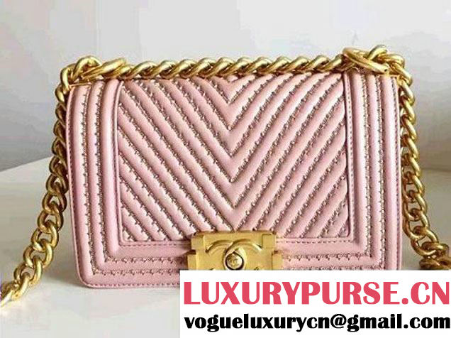 Chanel Interlaced Chain Chevron Boy Flap Shoulder Small Bag Pink 2017