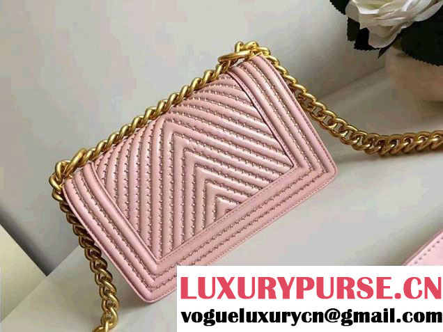 Chanel Interlaced Chain Chevron Boy Flap Shoulder Small Bag Pink 2017
