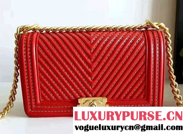 Chanel Interlaced Chain Chevron Boy Flap Shoulder Medium Bag Red 2017