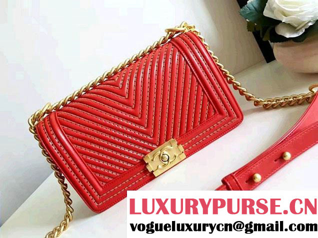 Chanel Interlaced Chain Chevron Boy Flap Shoulder Medium Bag Red 2017