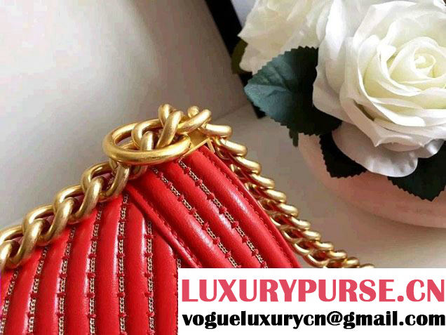 Chanel Interlaced Chain Chevron Boy Flap Shoulder Medium Bag Red 2017