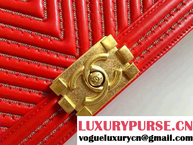 Chanel Interlaced Chain Chevron Boy Flap Shoulder Medium Bag Red 2017