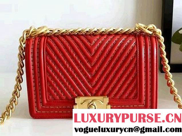 Chanel Interlaced Chain Chevron Boy Flap Shoulder Small Bag Red 2017