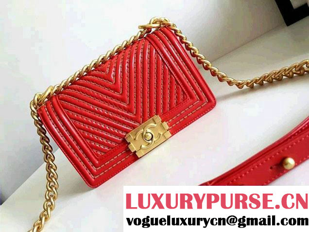 Chanel Interlaced Chain Chevron Boy Flap Shoulder Small Bag Red 2017