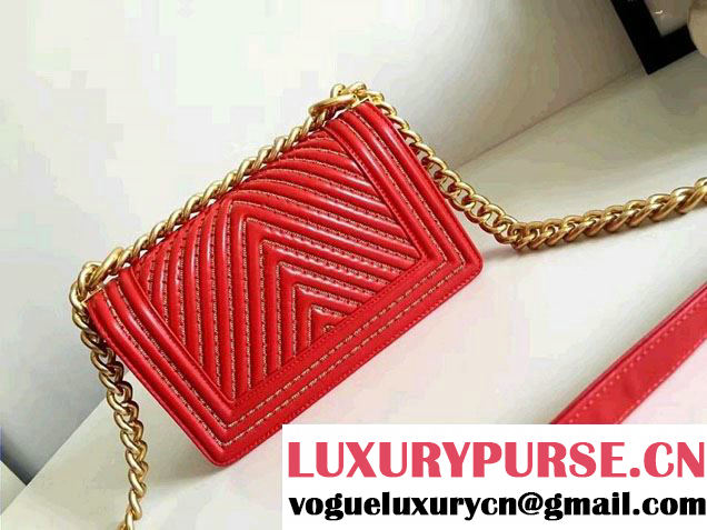 Chanel Interlaced Chain Chevron Boy Flap Shoulder Small Bag Red 2017