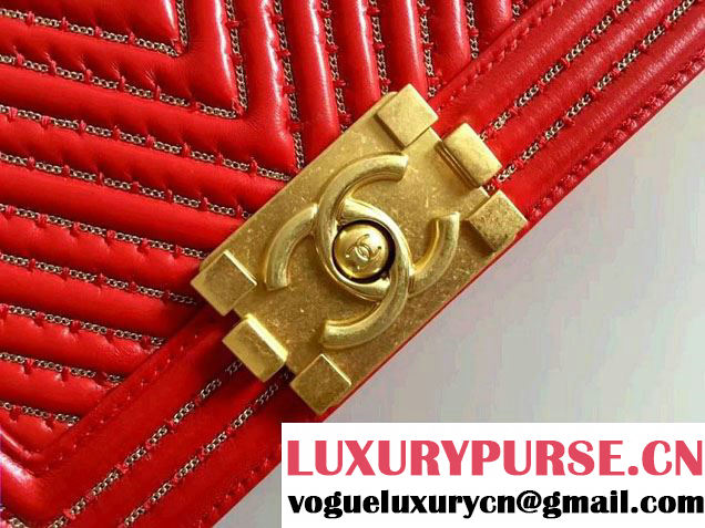 Chanel Interlaced Chain Chevron Boy Flap Shoulder Small Bag Red 2017