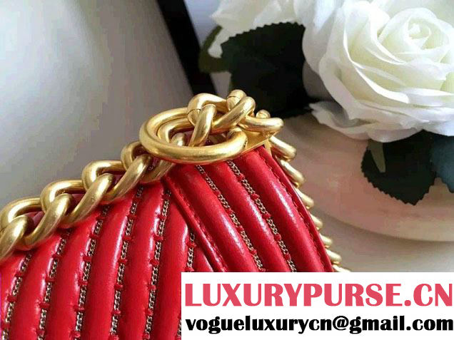 Chanel Interlaced Chain Chevron Boy Flap Shoulder Small Bag Red 2017