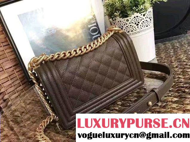 Chanel Small Boy Flap Shoulder Bag in Caviar Leather Olive Green 2017