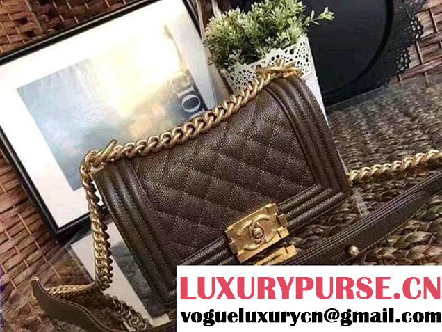 Chanel Small Boy Flap Shoulder Bag in Caviar Leather Olive Green 2017
