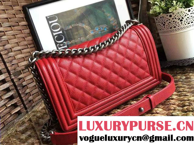 chanel caviar le boy red bag with silver hardware