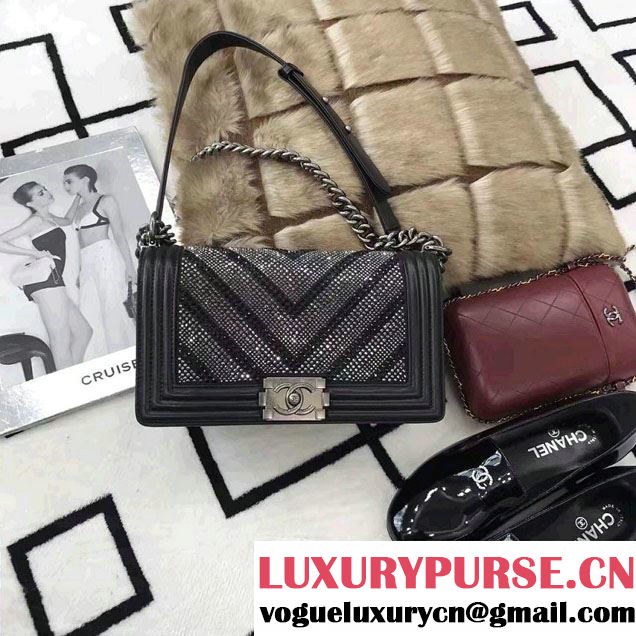 Chanel Chevron Sequins Embellishment Boy Flap Bag Black 2017