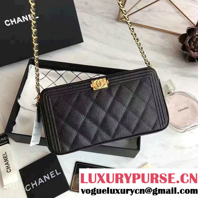 Chanel Grained Calfskin Boy Double Zipped Small Clutch Chain Phone Holder Bag A84069 Black/Gold 2017