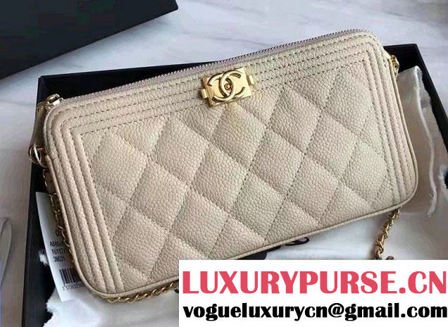 Chanel Grained Calfskin Boy Double Zipped Small Clutch Chain Phone Holder Bag A84069 Beige/Gold 2017