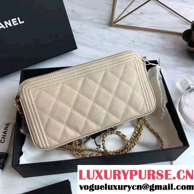 Chanel Grained Calfskin Boy Double Zipped Small Clutch Chain Phone Holder Bag A84069 Beige/Gold 2017
