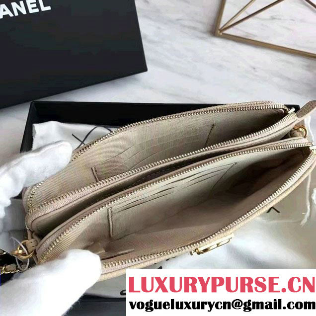 Chanel Grained Calfskin Boy Double Zipped Small Clutch Chain Phone Holder Bag A84069 Beige/Gold 2017