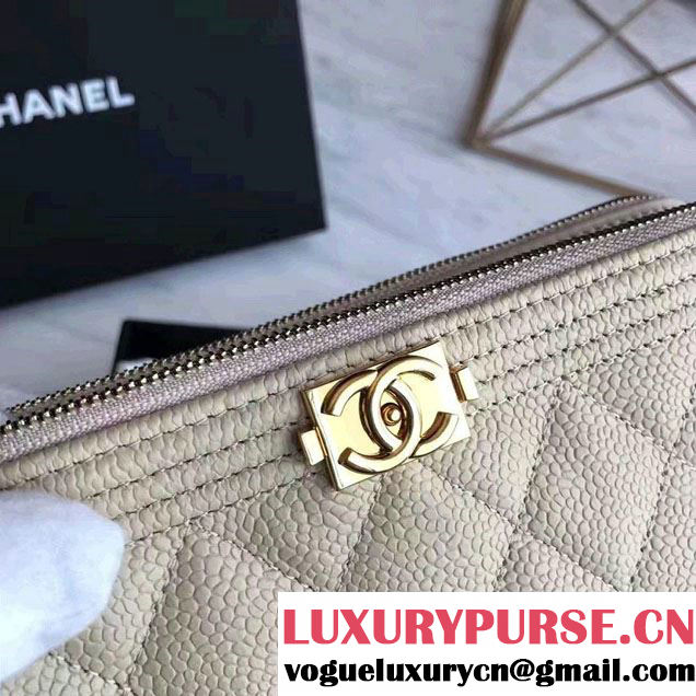 Chanel Grained Calfskin Boy Double Zipped Small Clutch Chain Phone Holder Bag A84069 Beige/Gold 2017