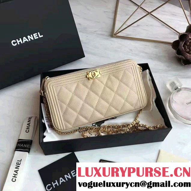 Chanel Grained Calfskin Boy Double Zipped Small Clutch Chain Phone Holder Bag A84069 Beige/Gold 2017