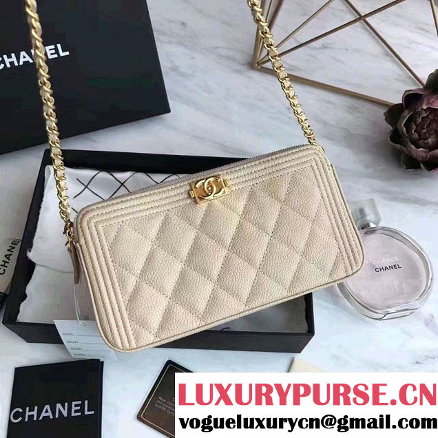 Chanel Grained Calfskin Boy Double Zipped Small Clutch Chain Phone Holder Bag A84069 Beige/Gold 2017
