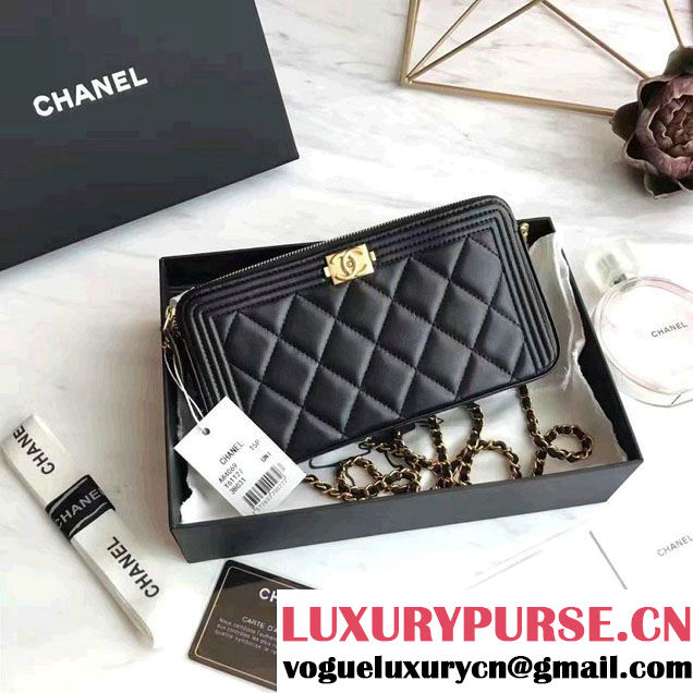 Chanel Lambskin Boy Double Zipped Small Clutch Chain Phone Holder Bag A84069 Black 2017
