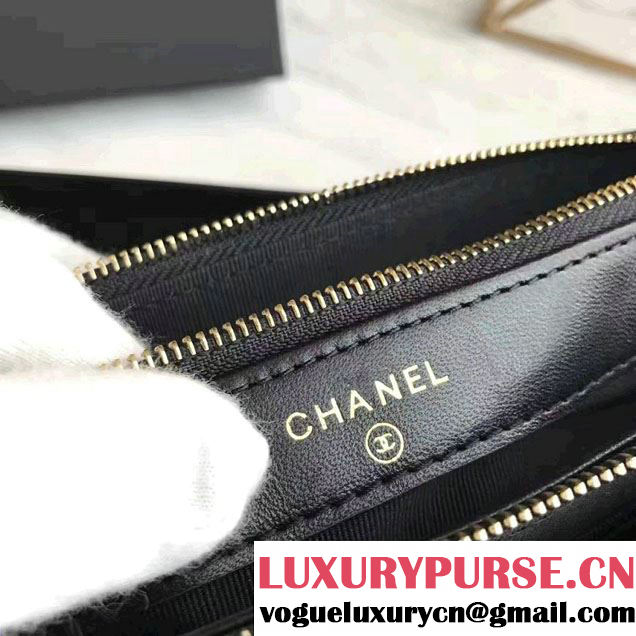 Chanel Lambskin Boy Double Zipped Small Clutch Chain Phone Holder Bag A84069 Black 2017
