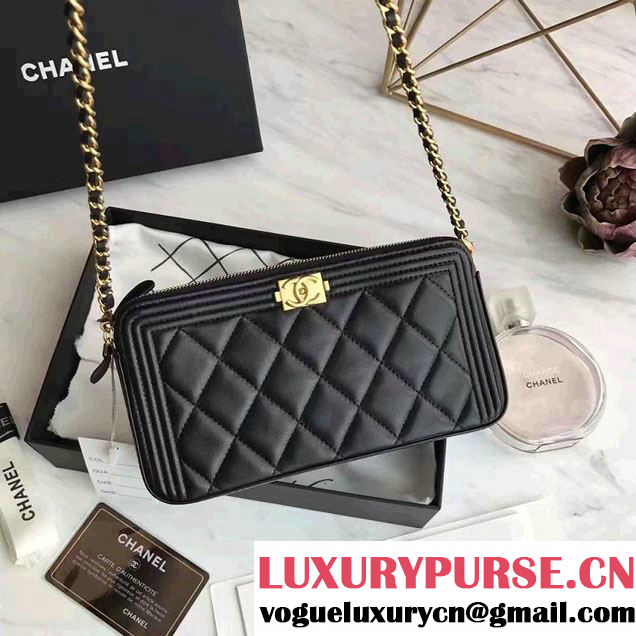 Chanel Lambskin Boy Double Zipped Small Clutch Chain Phone Holder Bag A84069 Black 2017
