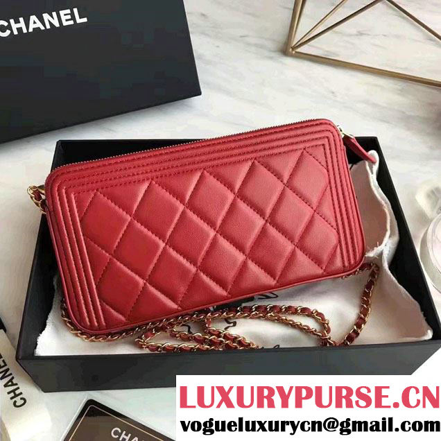 Chanel Lambskin Boy Double Zipped Small Clutch Chain Phone Holder Bag A84069 Red 2017