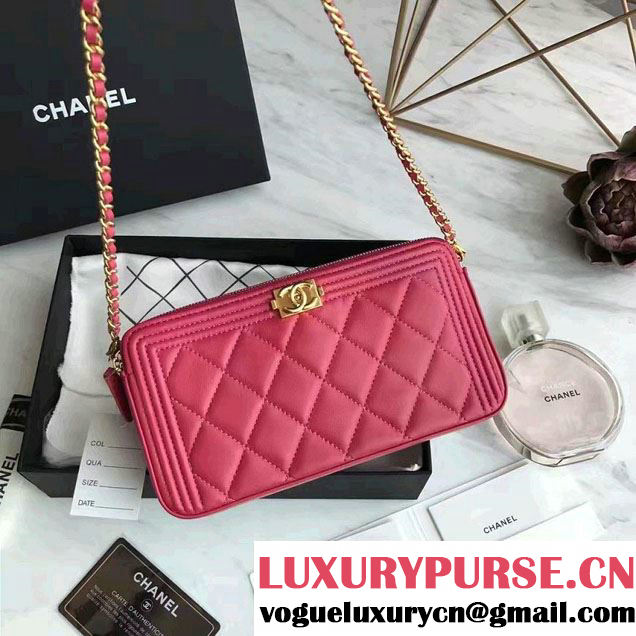Chanel Lambskin Boy Double Zipped Small Clutch Chain Phone Holder Bag A84069 Peach 2017