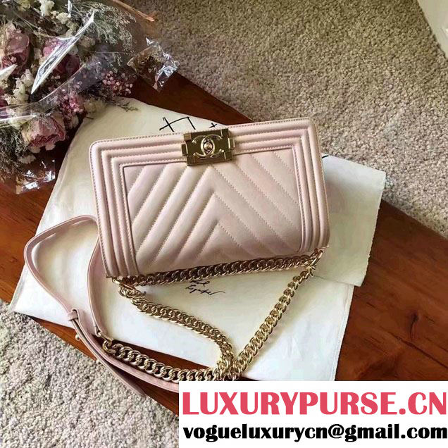 Chanel Shine Gold Hardware Boy Chevron Flap Medium Bag Pale Pink 2017
