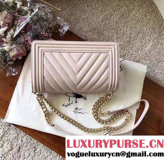 Chanel Shine Gold Hardware Boy Chevron Flap Medium Bag Pale Pink 2017