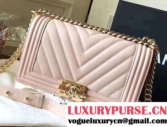Chanel Shine Gold Hardware Boy Chevron Flap Medium Bag Pale Pink 2017