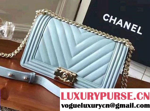Chanel Shine Gold Hardware Boy Chevron Flap Medium Bag Light Blue 2017