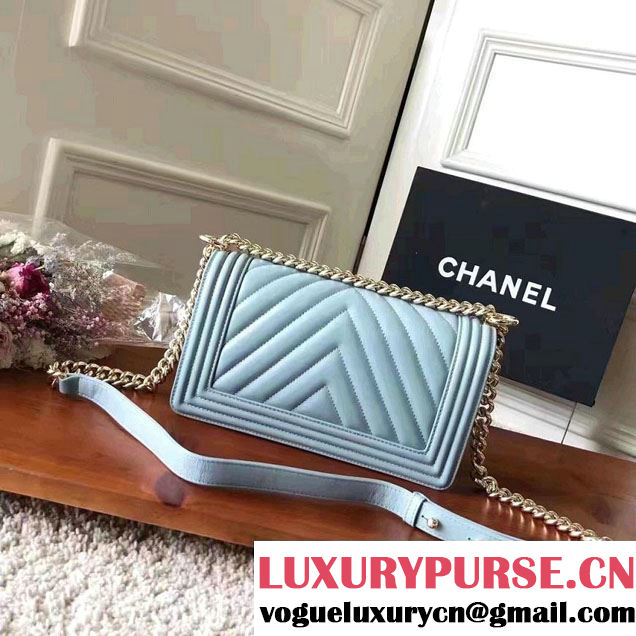 Chanel Shine Gold Hardware Boy Chevron Flap Medium Bag Light Blue 2017
