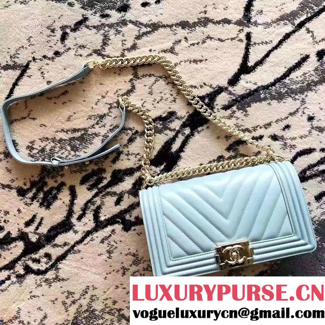 Chanel Shine Gold Hardware Boy Chevron Flap Medium Bag Light Blue 2017