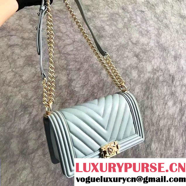 Chanel Shine Gold Hardware Boy Chevron Flap Medium Bag Light Blue 2017