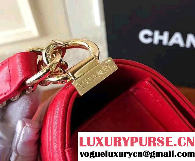 Chanel Shine Gold Hardware Boy Chevron Flap Medium Bag Red 2017
