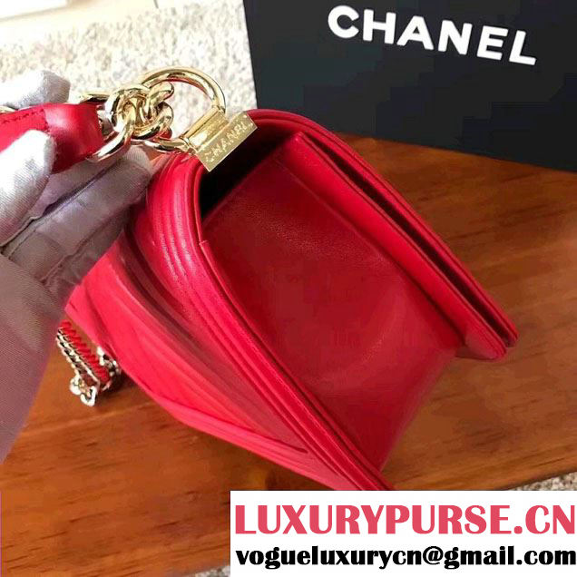 Chanel Shine Gold Hardware Boy Chevron Flap Medium Bag Red 2017