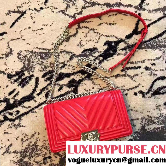 Chanel Shine Gold Hardware Boy Chevron Flap Medium Bag Red 2017