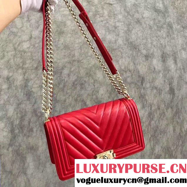 Chanel Shine Gold Hardware Boy Chevron Flap Medium Bag Red 2017