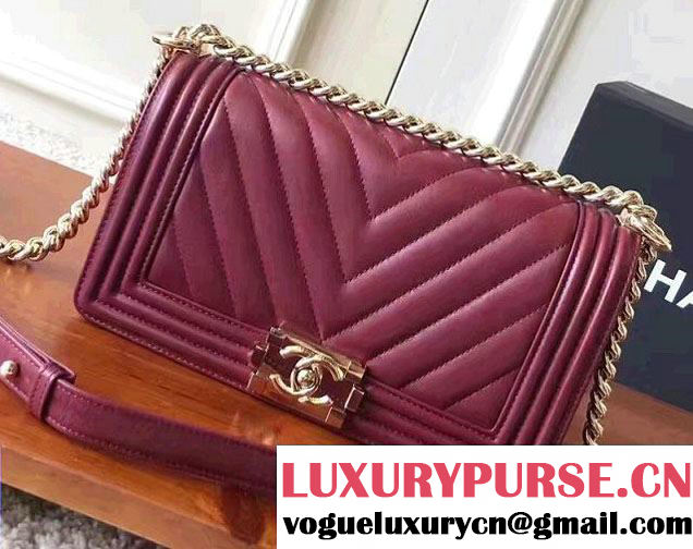 Chanel Shine Gold Hardware Boy Chevron Flap Medium Bag Burgundy 2017