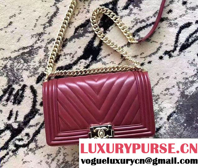 Chanel Shine Gold Hardware Boy Chevron Flap Medium Bag Burgundy 2017