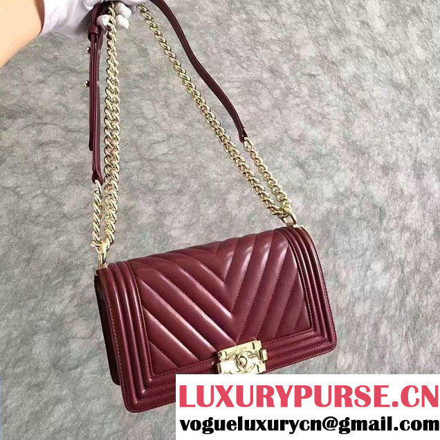 Chanel Shine Gold Hardware Boy Chevron Flap Medium Bag Burgundy 2017