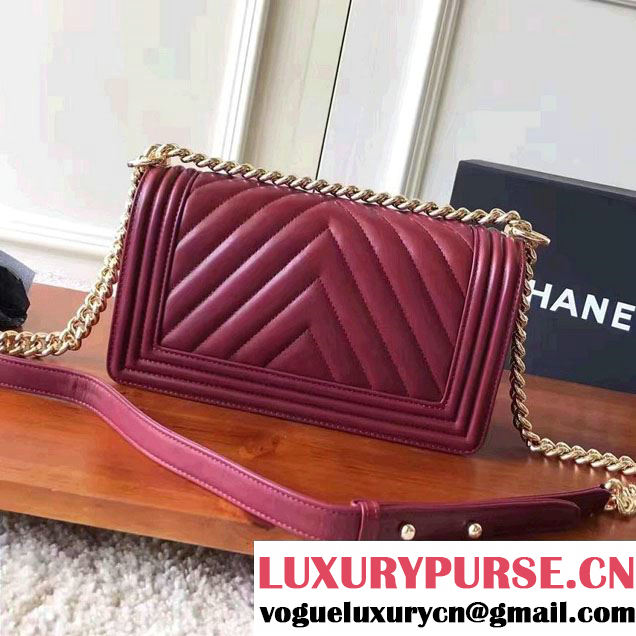 Chanel Shine Gold Hardware Boy Chevron Flap Medium Bag Burgundy 2017