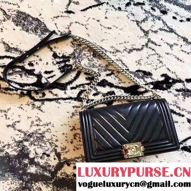Chanel Shine Gold Hardware Boy Chevron Flap Medium Bag Black 2017