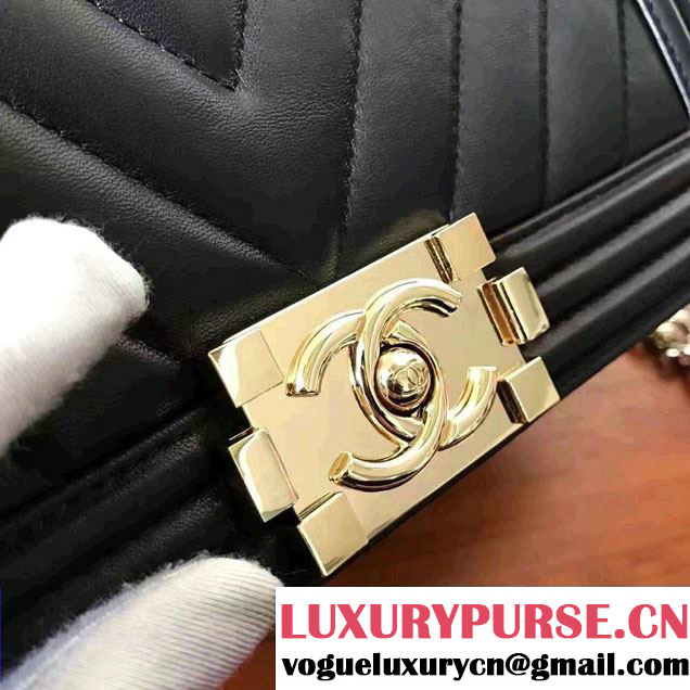 Chanel Shine Gold Hardware Boy Chevron Flap Medium Bag Black 2017