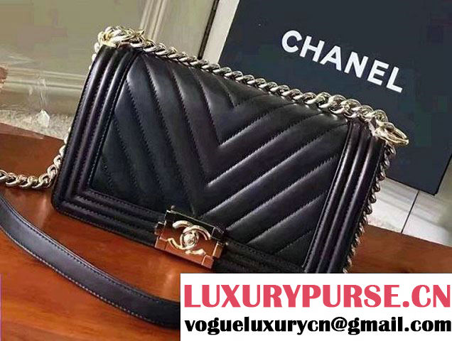Chanel Shine Gold Hardware Boy Chevron Flap Medium Bag Black 2017