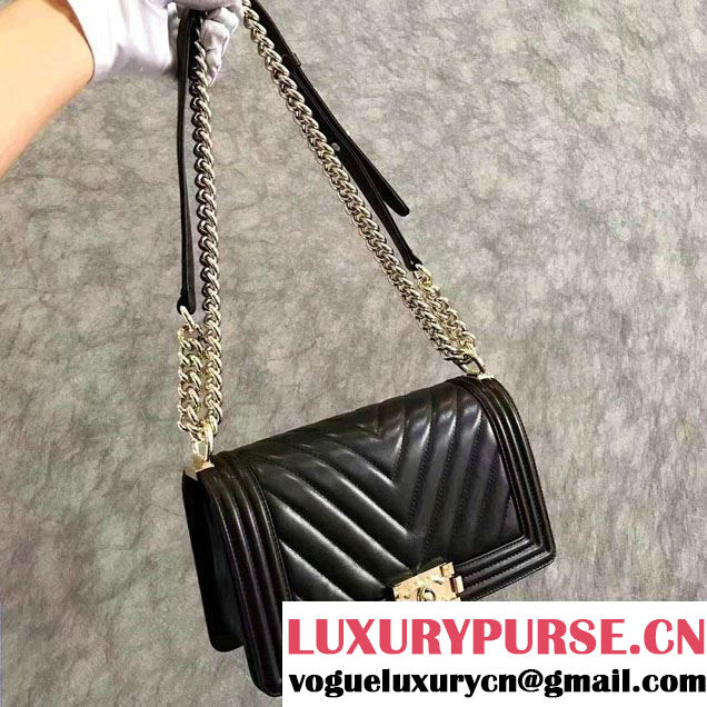 Chanel Shine Gold Hardware Boy Chevron Flap Medium Bag Black 2017