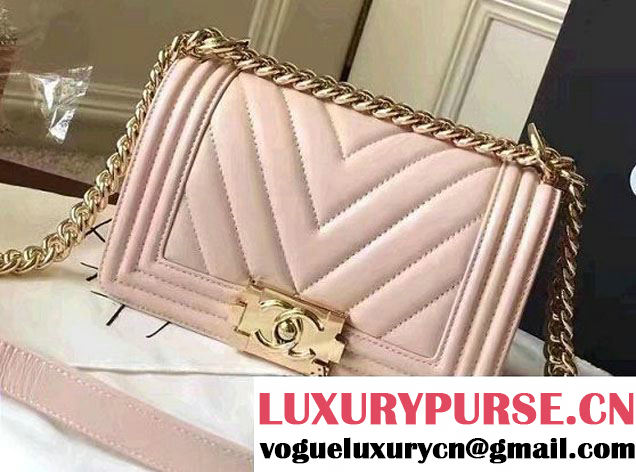 Chanel Shine Gold Hardware Boy Chevron Flap Small Bag Pale Pink 2017